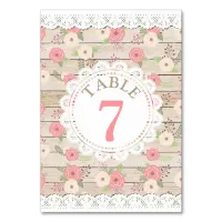 Rustic Wood Pink Flowers Wedding Table Number Card