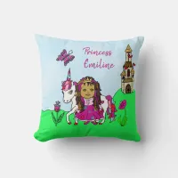 Personalized Princess and Unicorn Rainbow Girl's Throw Pillow