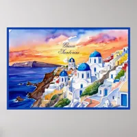 Greece Santorini Watercolor Sketch Aegean Sea |  Poster