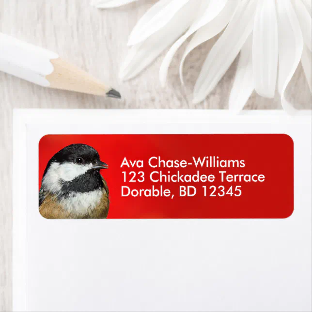 Cute Black-Capped Chickadee with Red Autumn Leaves Label