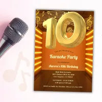 Gold Glow Singing Karaoke 10th Birthday Party Invitation