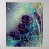 Purple roses with bird on a silvver Tree Poster