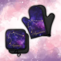 Gold Aquarius Constellation on Dark Galaxy | Oven Mitt & Pot Holder Set