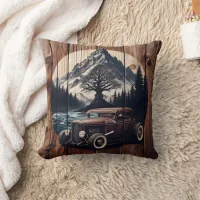 Vintage Car by Mountain With Tree and Water Throw Pillow