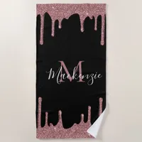 Girly Pink Rose Gold Glitter Sparkle Drips Black Beach Towel