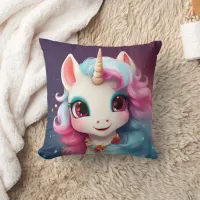 Cute Unicorn Cartoon in Pink & Purple Throw Pillow