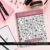 Floral Black White Pink Name School Subject Notebook