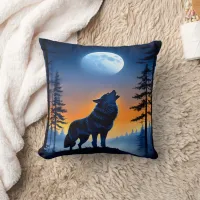 Wolf Howling Under A Dusk Sunset in Mountains Throw Pillow