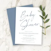 Dusty Blue Modern Handwritten Script Baby Shower Invitation