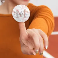 Girly Marble and Rose Gold Foil Monogram Classic Round Sticker