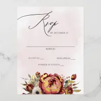 Elegant Boho Burgundy Blush Floral RSVP Foil Invitation Postcard