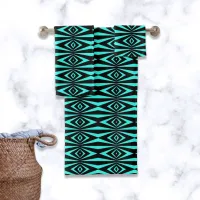 Trendy Teal & Black Op Art Geometric Pattern Bath Towel Set