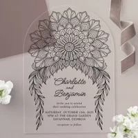 Black Boho Mandala Leafy Vine Wedding Acrylic Invitations