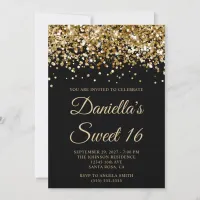 Gold Glitter Black Sweet 16 Invitation