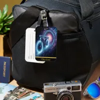 Bicycle races through a swirling cosmic tunnel luggage tag