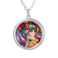 Pretty Pop Art Comic Girl with Bows Silver Plated Necklace