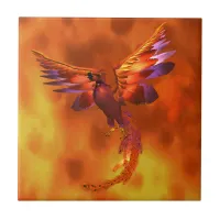 Colorful Phoenix Flying Against a Fiery Background Ceramic Tile