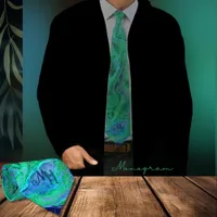 Unique Aqua Green Blue Monogram Neck Tie