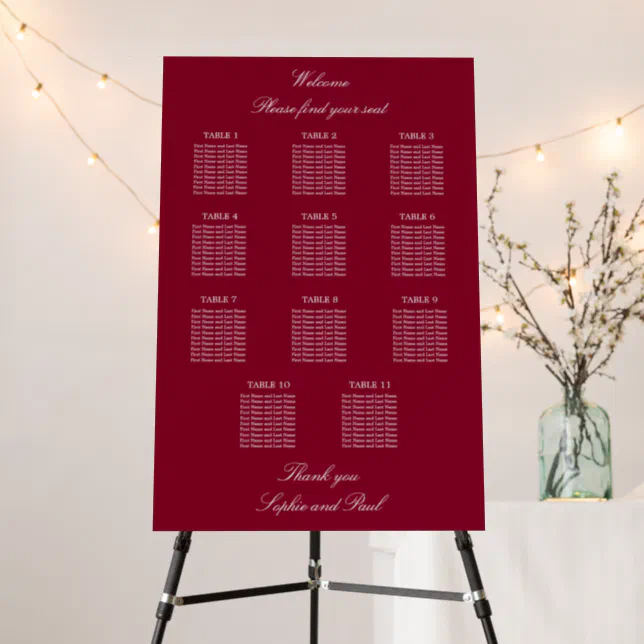 Burgundy 11 Table Wedding Seating Chart Foam Board