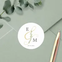 Elegant Ampersand Greenery Monogram Wedding Classic Round Sticker