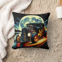 Classic hot rod racing under a full moon glow throw pillow