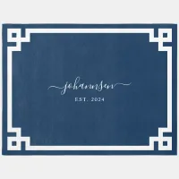 Family Name Navy Blue Greek Key Border Rug