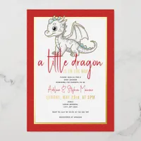 Cute Little Dragon Is On The Way Red Baby Shower Foil Invitation