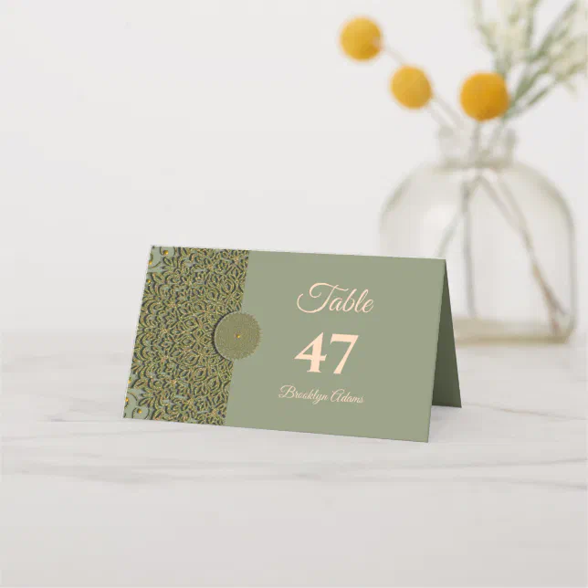 Elegant Modern Sage green & gold classic mandala Place Card