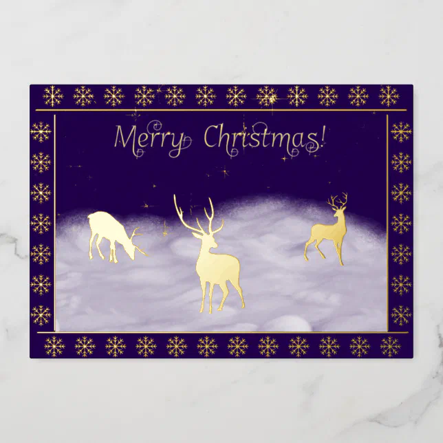 Merry Christmas - Deers in the snow - gold Foil Invitation