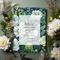 Thumbnail for Silver, White, and Forest Green Floral Wedding Invitation