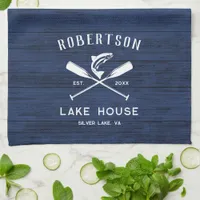 Rustic Lake House Family Name Navy Blue Wood Kitchen Towel