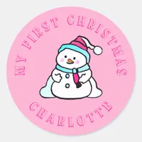 My First Christmas | Snowman Custom Pink Classic Round Sticker