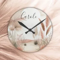 Monogrammed Pretty in pink pampas grass | Round Clock