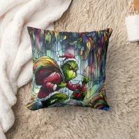 The Grinch joyfully sneaks gifts under the stars Throw Pillow