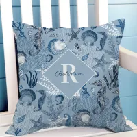 Coastal Monogram Blue Ocean Sea Life Throw Pillow