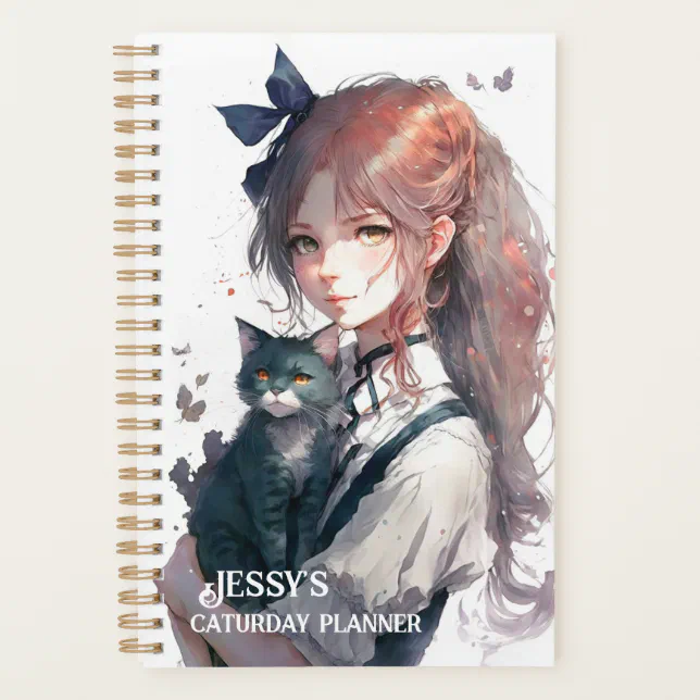 Happy Caturday Girl Holding Her Cat Watercolor Planner