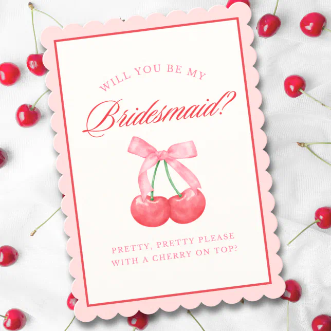 Girly Coquette Bow Cherry Bridesmaid Proposal Card