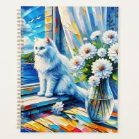 White Cat in Window sill Looking out at the Ocean Planner