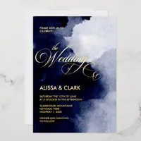 Modern Watercolor Dark Midnight Navy Blue Abstract Foil Invitation