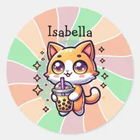 Cute Kawaii Kitten with Bubble Tea Personalized Classic Round Sticker