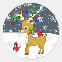 Cute Baby Reindeer with Cardinals and Snow flakes Classic Round Sticker