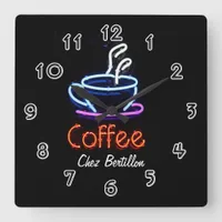 Coffee Cafe Neon Sign Personalized Square Wall Clock