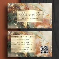 Deep Green Peach And Gold Watercolor Marble  Business Card