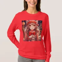 Pretty Anime Girl Holding Kitten Christmas T-Shirt