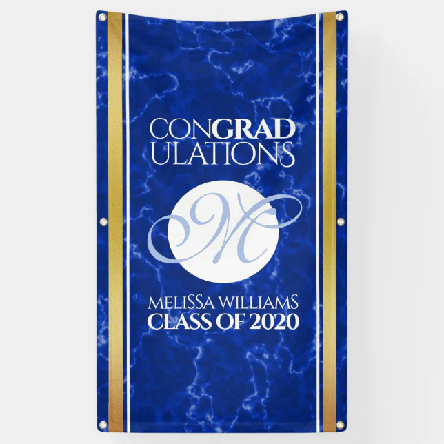 Elegant Graduation Monogram Blue Marble Gold Foil Banner