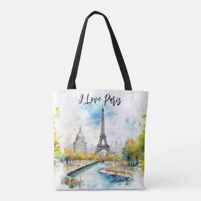 I love Paris Eiffel Tower in Watercolor Travel Art Tote Bag
