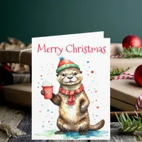 Whimsical Christmas Otter with Festive Hat  Card