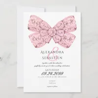 Elegant Vintage Diamonds Pink Bow Script Wedding Invitation