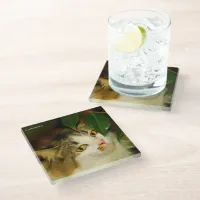 The Whimsical Cat and the Camellia Glass Coaster