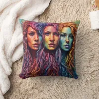 Colorful Portraits of Three Women With Wavy Hair Throw Pillow